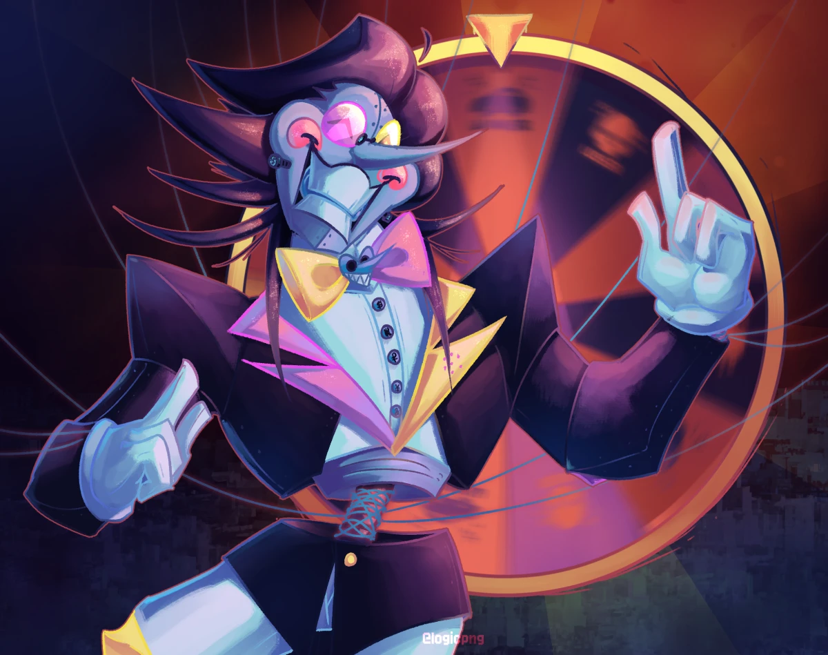 Digital drawing of Spamton styled as a hypothetical EX form, more robotic and with vibes of a casino operator